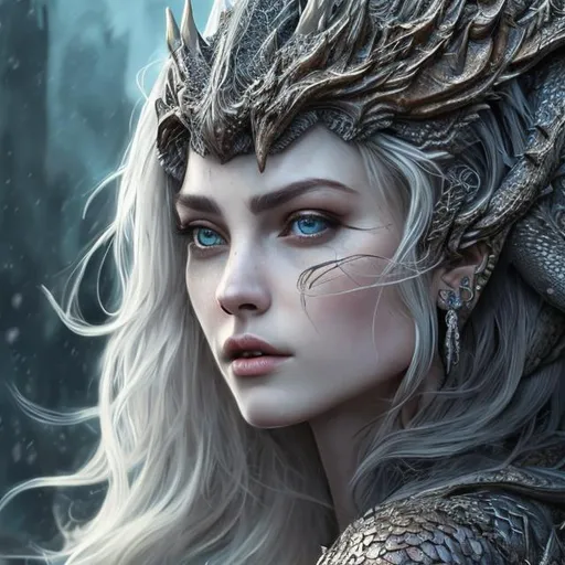 Prompt: girl, beautiful face, beatiful woman, royal, human, evil, dragon scales, white hair, luscious hair, extremely detailed, uhd, hyperrealistic, realistic, real, intricate details, perfect composition, super detailed, sharp focus, picturesque