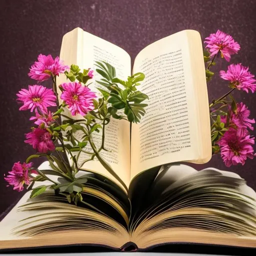 Prompt: flowers and plants coming out from an open book