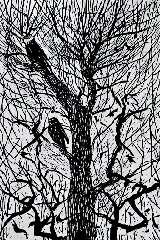 Prompt: Draw a man with a shocked face tangled in bare trees and circled by crows in the style of stanley donwood in full colour