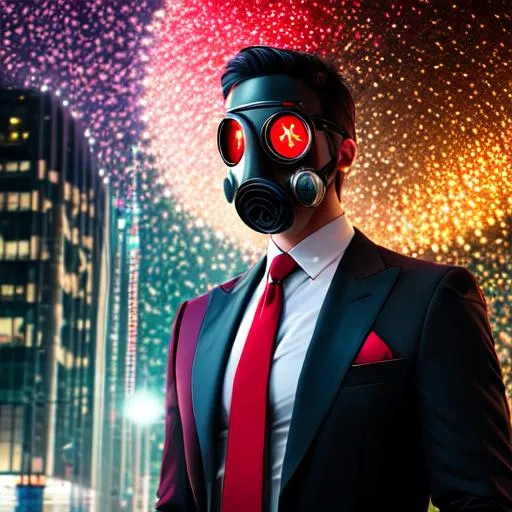 Prompt: HDR, professional, 64k, best version, masterpiece, 150mm, bokeh, A man wearing a gas mask with glowing red eyes and a 3 piece suit and a red tie,