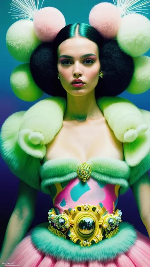 Prompt: character design, luminogram, sharp focus, colorful, clear, detailed, cinematic, detailed, glamourous, vogue, prada, versace, fashion world, editorial, fashion, magazine shoot, fluff, dreamy glow, extraterrestrial, fantastic realism, kitsch outfit, tim walker::5 sunlight::5 pastel::5 cotton::5 dof