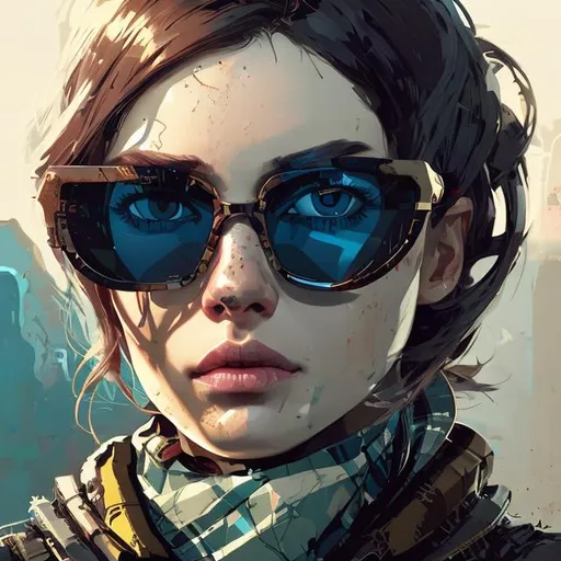 Prompt: Highly detailed portrait of halo, sunglasses, blue eyes, tartan scarf, dark hair by atey ghailan, by greg rutkowski, by greg tocchini, by james gilleard, by joe fenton, by kaethe butcher, gradient yellow, black, brown and magenta color scheme, grunge aesthetic!!! graffiti tag wall background