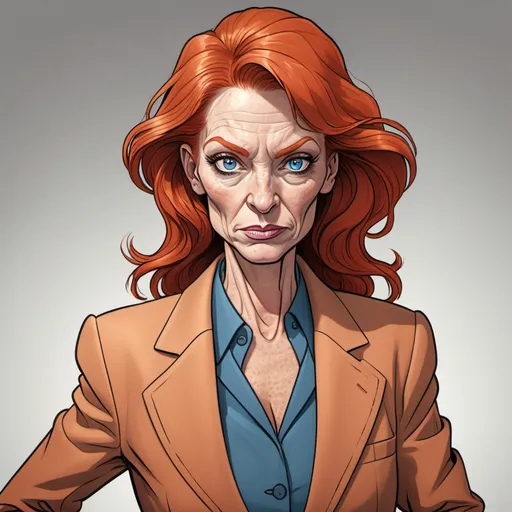 Prompt: cartoon image of middle aged women with blue eyes,  crazy red hair like snakes and pale orange tinted skin wearing a suit coat
 