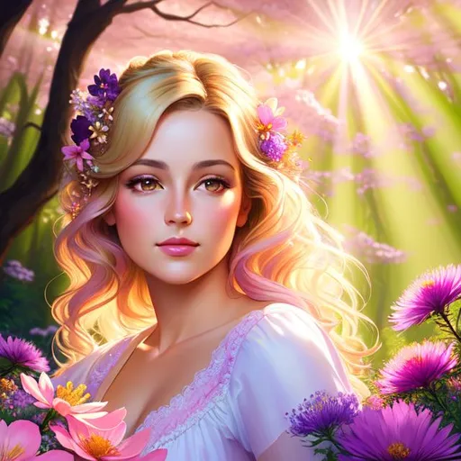 Prompt: front view painting of a beautiful girl, style of fragonard and Yoshitaka Amano (blonde hair with pink and purple flowers), ((forest background)),sunrays, etherial, celestial,  3D lighting, soft light, wildflowers in forefront in pinks and purples