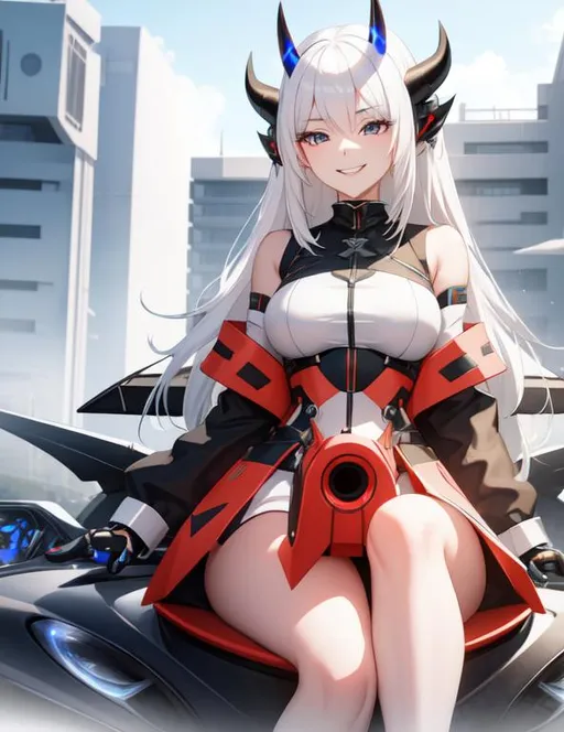 Prompt: White hair girl with black eyes smiling sitting on a futuristic car under the blue sky 4k with black demon horns