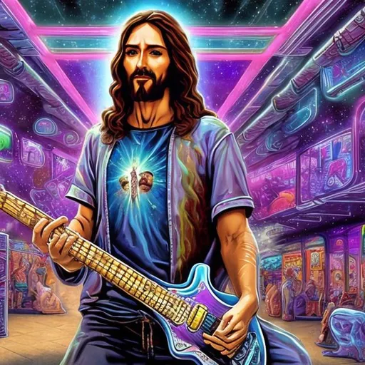 Prompt: Jesus playing double-neck guitar for spare change in a busy alien mall, widescreen, infinity vanishing point, galaxy background, surprise easter egg