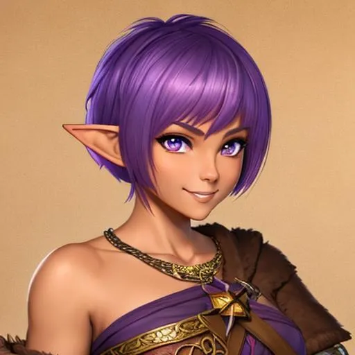 Prompt: oil painting, D&D fantasy, tanned-skinned-gnome girl, tanned-skinned-female, slender, beautiful, short bright purple hair, long pixie cut hair, smiling, pointed ears, looking at the viewer, Ranger wearing intricate adventurer outfit, #3238, UHD, hd , 8k eyes, detailed face, big anime dreamy eyes, 8k eyes, intricate details, insanely detailed, masterpiece, cinematic lighting, 8k, complementary colors, golden ratio, octane render, volumetric lighting, unreal 5, artwork, concept art, cover, top model, light on hair colorful glamourous hyperdetailed medieval city background, intricate hyperdetailed breathtaking colorful glamorous scenic view landscape, ultra-fine details, hyper-focused, deep colors, dramatic lighting, ambient lighting god rays, flowers, garden | by sakimi chan, artgerm, wlop, pixiv, tumblr, instagram, deviantart