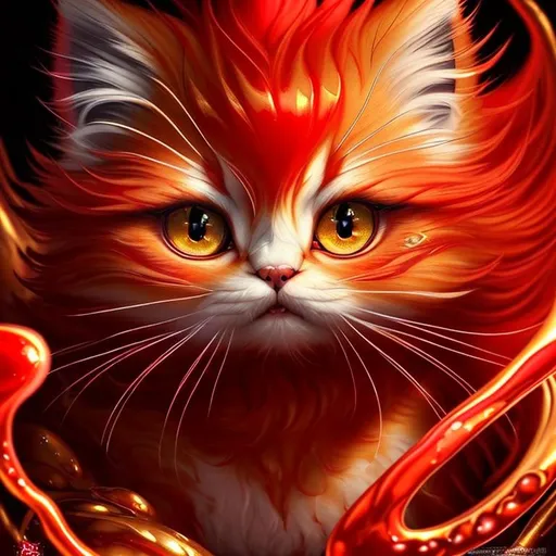 Prompt: surreal puffy liquid red gold silver jade (Beautiful {Fluffy!!! Persian}kitten plasma, Beautiful big {heart-shaped}reflective eyes), hyper realistic, expansive psychedelic background, ultra detailed full body artistic photography, detailed rugged Gorgeous detailed face, shadows, oil on canvas, brush strokes, ultra sharp focus, ominous, matte painting movie poster, golden ratio, epic, intricate, cinematic character render, hyper realistic, 64K --s98500