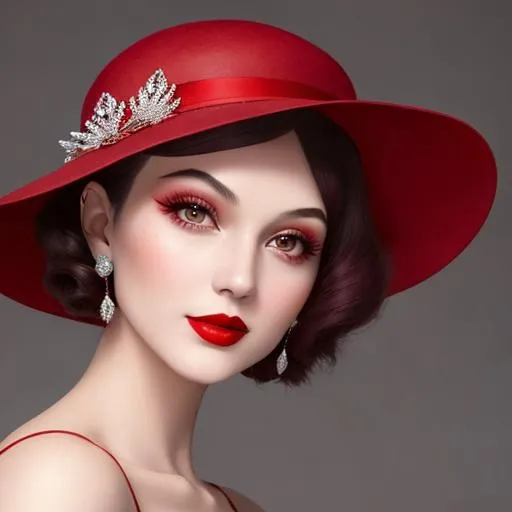 Prompt: a pretty girl  dressed in red, wearing a  large red hat 1920's era, bob hair cut, 1950's era makeup, facial closeup