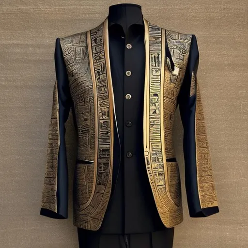 Prompt: Ablack men's suit with a modern black button, drawn from the ancient Egyptian civilization, with pharaonic inscriptions on it