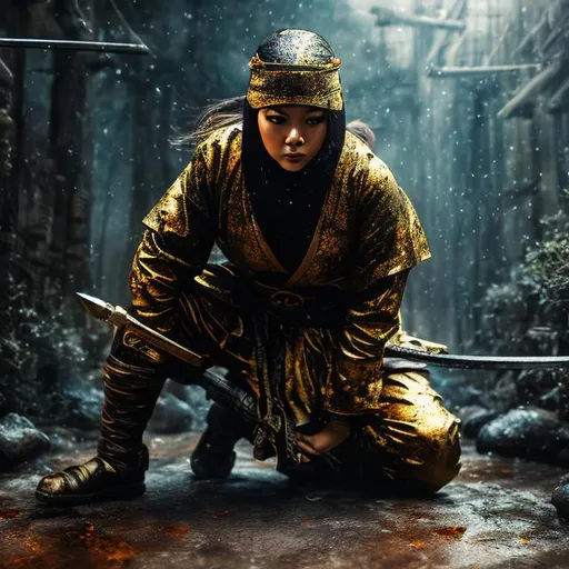 Prompt: create hig quality photograph of female ninja who is onto his knees and covered in blood, battle scarred,  in gold and black ninja style robes, Most epic background, detailed face, extremely detailed environment, extremely detailed background, extremely detailed skin, extremely detailed clothing, natural colors , professionally color graded, photorealism, 8k, realistic, moody lighting, ambience lighting, galactic environment, volumetric lighting