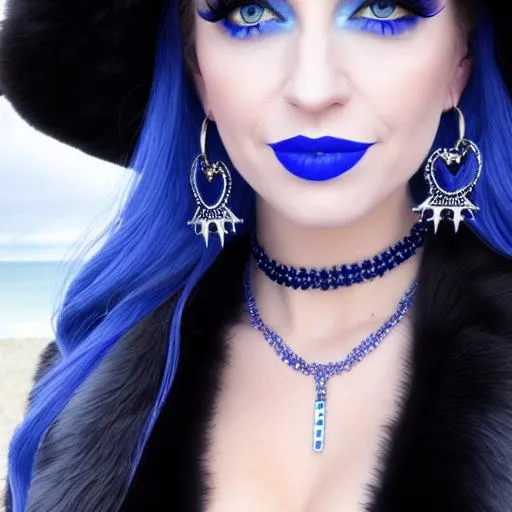 Prompt: Kellyanne Conway, soldier, blue lipstick, snowy beach, blue heart necklaces, Thick blue fur coat, Black Cape, pleasant face, blue eyes, Black-purple eyeshadow, long ice earrings. Cold color scheme, ultradetailed, 8k resolution, perfect, smooth, high quality, shiny. 