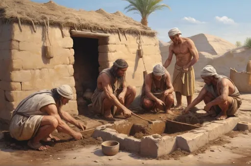 Prompt: historical old oil painting of a realistic scene of neolithic people building the first mud brick houses on the banks of the euphrates, high detail, uhd, 8k