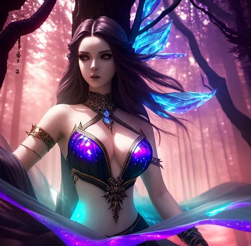 Prompt: Horror, scary, terrifying, ominous, 3D HD dramatic cinematic lighting [({one}{Goddess}female) wearing  {(liquid)glass}silk], expansive magical forest tree sparkles background, hyper realistic, 8K --s98500