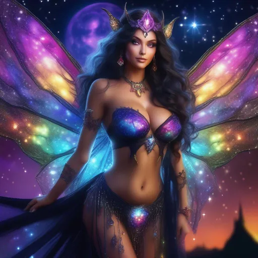 Prompt: A complete body form of a stunningly beautiful, hyper realistic, buxom woman with incredible bright, wearing a colorful, sparkling, dangling, glowing, skimpy, bo-ho, goth,  flowing, sheer, fairy, witch's outfit on a breathtaking night with stars and colors with glowing, detailed  mythical sprite flying about