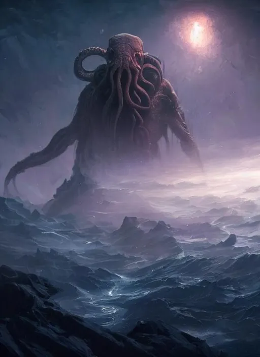 Prompt: Cthulhu in space looking at earth, larger than earth, huge, towering, gigantic, high octane, 8 k, digital art, magic the gathering, mtg, by greg rutkowski, trending on artstation