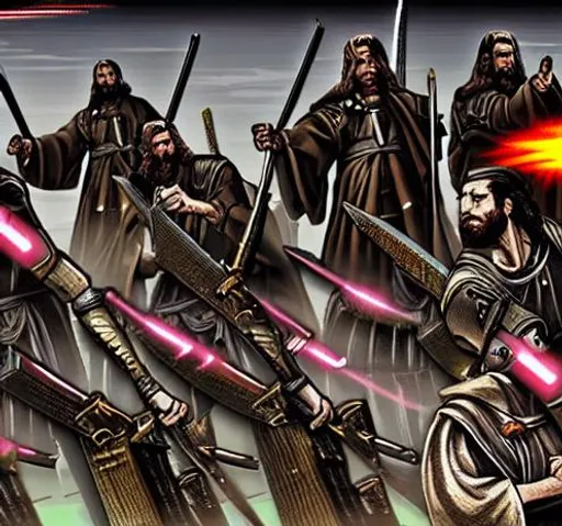 Prompt: Comic strip  Jesus Christ army very detailed new age painting style futuristic samurai saints with guns and swords battle against evil cyberpunk ninjas with electric swords highly detailed battle scene unreal engine 5 style 