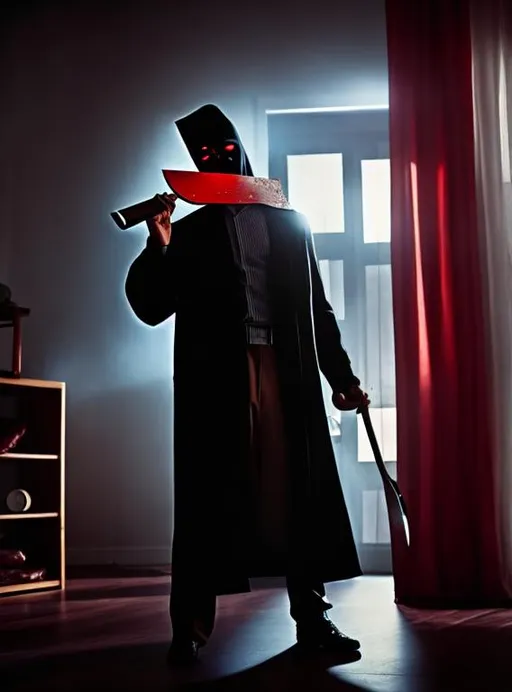 Prompt: Masked serial killer wielding a meat cleaver, in a living room, 80's horror movie.