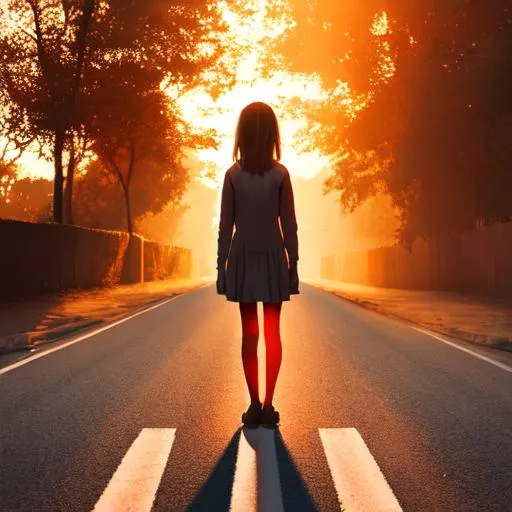 Prompt: girl standing in the middle of road, evening, orange sunlight