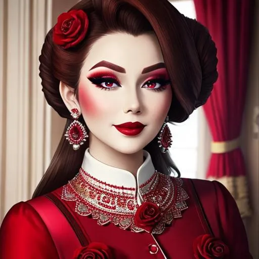 Prompt: Ruby lady-lady all in red, pretty makeup, elegant, nice clothes, facial closeup