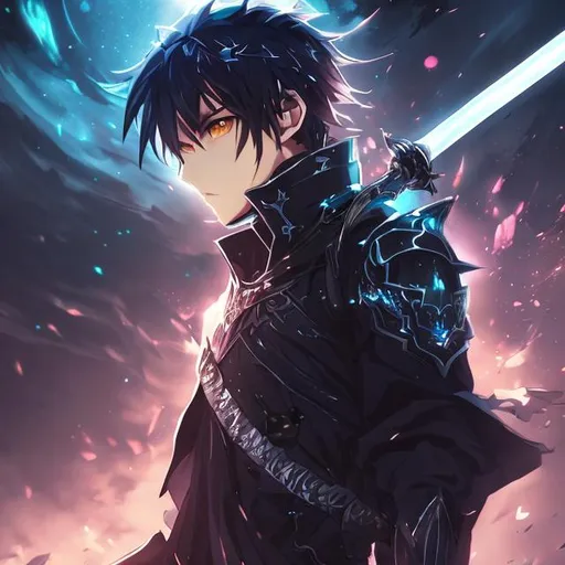 Prompt: fantasy, Kirito, Sword Art Online, ultra detailed artistic photography, midnight aura, full-body, night sky, detailed handsome face, dreamy, glowing, glamour, glimmer, shadows, smooth, ultra high definition