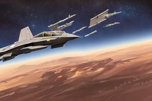 Prompt: top down view of a fighter jet flying at high altitude over the horizon with stars in the background in the style of concept artist Ralph McQuarrie