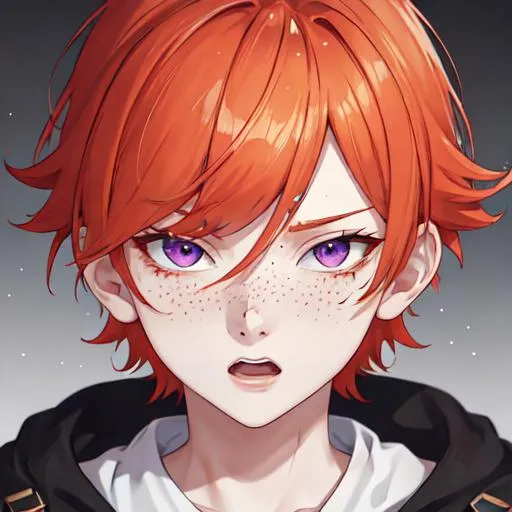 Prompt: Erikku male adult (short ginger hair, freckles, right eye blue left eye purple) UHD, 8K, Highly detailed, insane detail, best quality, high quality,  anime style, in purgatory, yelling