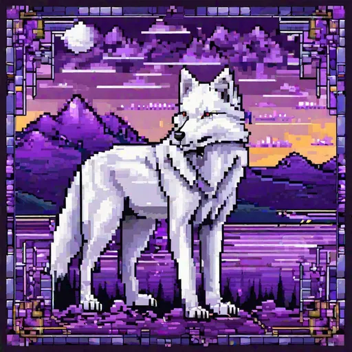 Prompt: (pixel art), 32-bit, beautiful {white wolf}, with {silver eyes}, looking at viewer, glaring through fourth wall, layers of purple mountain silhouettes, magical fantasy crystal lake, twilight, highly detailed, beautifully detailed shading, complementary colors, golden ratio