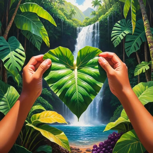 Prompt: (Child’s hands) holding the bottom of a (heart-shaped taro leaf), (Elder’s hands) grasping the top, set against a vibrant, colorful background filled with lush tropical greenery, (Hawaiian fruit trees) swaying gently, cascading (waterfalls) sparkling in sunlight. The atmosphere is lively and joyful, painted in rich hues and vivid details, creating an ultra-detailed, 4K visual masterpiece that embodies the essence of paradise.