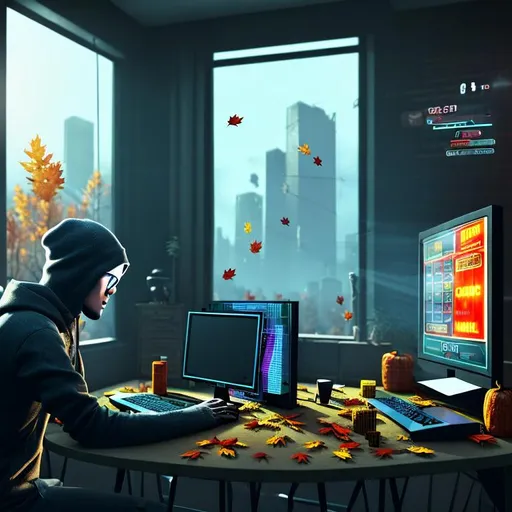 Prompt: a computer hacker hacking an online slot machine from his computer in his apartment and there is a windows to the outside world during fall in an post-apocalyptic city