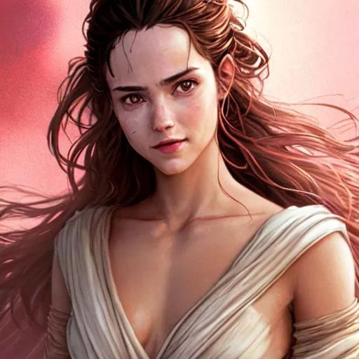 Prompt: rey from star wars {female character}, back to audience, longshot, flowing brown hair + flowing white robes + intense red glow , {{back to camera}}, hyperrealistic, dark fantasy, soft light, concept art, zoom in, over shoulder, luis royo, pink lips, smiling