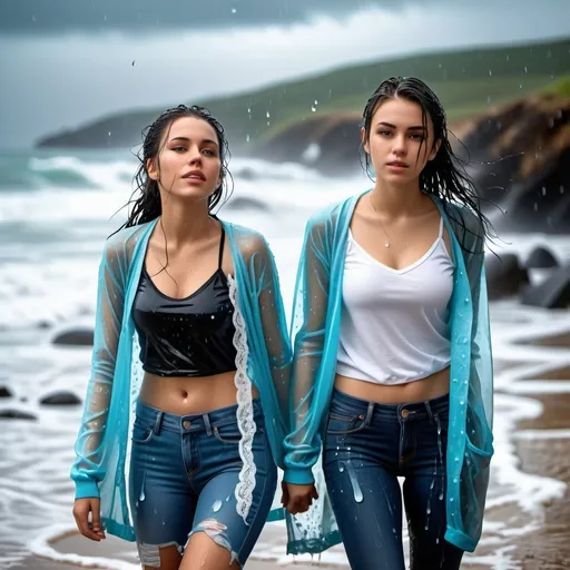 Prompt: photo of young woman, soaking wet clothes, converse , shiny long blue skinny jeans glistening wet soaked transparent, long sleeve lace cleavage soaked cardigan transparent,  , two students standing in rain storm soaking wet on beach splash,   enjoying, water dripping from clothes, clothes stuck to body,  detailed textures of the wet fabric, wet face, wet plastered hair,  wet, drenched, professional, high-quality details, full body view , at night