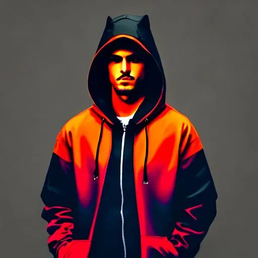 Prompt: Man wearing a neon red and black hood with a black and red fire themed background 
