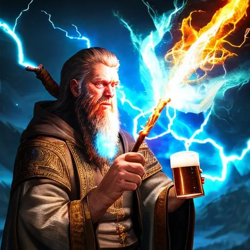 Prompt: wizard, beard, beer, lightning, fire, staff, magic, aura, drinking alcohol, holding a mug of beer