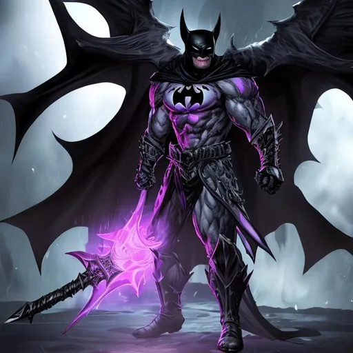 Prompt: demon batman wearing void armour  with void axe