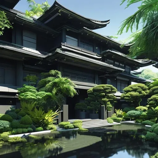 Prompt: Black futuristic mansion in Japanese style with lot of plants realistic oil paint 