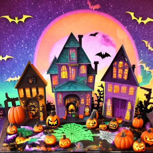 Prompt: Lisa frank style of Halloween Town diorama