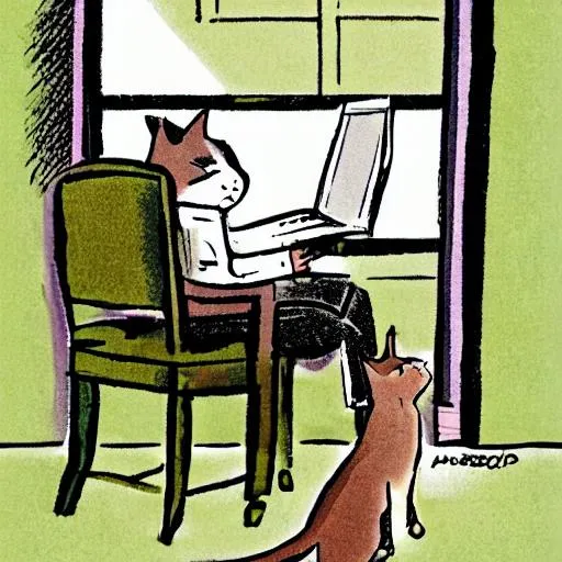 Prompt: a single cat, very unhappy, sitting on a chair in front of the computer screen, in an office room, new yorker cover cartoon style