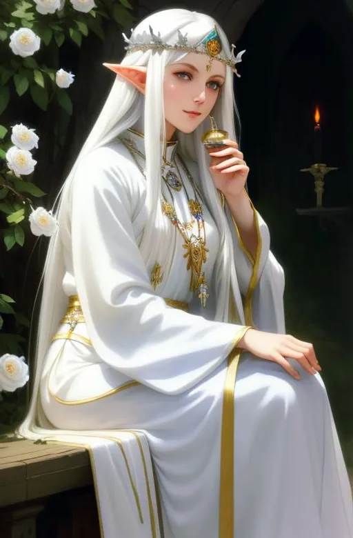 Prompt: a white hair elven woman,  long hair, white clothes, poor priestess, happy look,  polish folk clothing , medival outfit , full pose, sitting with relaxed pose,  pallace at noon in the background, flowers around, holy water, high quality face details, by ruan jia, by alphonse mucha, by krenz cushart, by Julie Bell, by Gerald Brom,  beautiful intricate exquisite imaginative exciting, fantasy, shadows,  vray render, artstation, deviantart, pinterest, 5 0 0 px models, high resolution 

