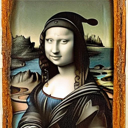 Prompt: Portrait with hat and a phone in her hand!!!! in the style of the Mona Lisa, by Leonardo Da Vinci, chiaroscuro, museum catalog photography,