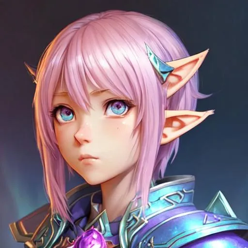 Prompt: female astral elf oath of wile Paladin character concept art and illustration by akihiko yoshida, style of pixar, amazing detailed face closeup, short wolf haircut pink hair, big beautiful eyes swirl with iridescent colors, wearing traveler's clothes, action, madhouse and kyoani character face, cute, pretty girl, portrait, pixiv, artstation, spectacular details, Volumetric Lighting, Dramatic lighting