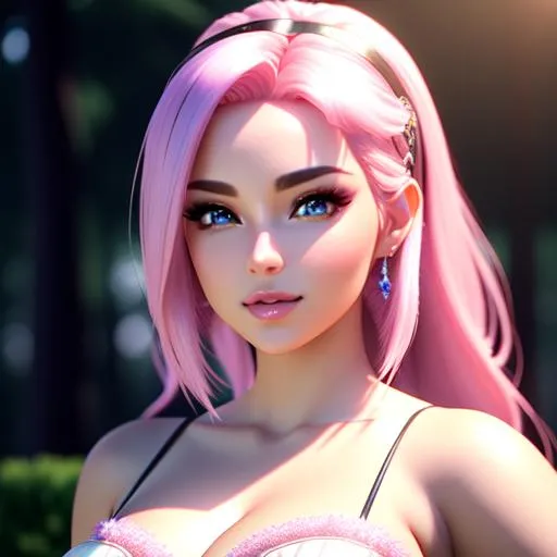 Prompt: {{{{highest quality 3d concept art masterpiece}}}} best octane unreal engine 5 render with {{volumetric lighting}}, hyperrealistic intricate 128k UHD HDR,

hyperrealistic intricate perfect upper body image of flirtatious seductive stunning gorgeous beautiful cute mystical feminine 22 year old anime like girl with 
{{hyperrealistic intricate pink hair}} 
and 
{{hyperrealistic intricate clear blue eyes}} 
and hyperrealistic intricate perfect flirtatious seductive stunning gorgeous beautiful cute mystical feminine face with unique features wearing 
{{hyperrealistic intricate body tight pink wool dress}}
 with deep exposed cleavage and visible abs,
soft skin and red blush cheeks and cute sadistic smile, 

epic fantasy, 
perfect anatomy in perfect composition approaching perfection, 
{{seductive love gaze at camera}}, 

hyperrealistic intricate blurred mystical trippy warm forest in background, {{warm atmosphere}}, 
  
cinematic volumetric dramatic 
dramatic studio 3d glamour lighting, 
backlit backlight, 
professional long shot photography, 

triadic colors,
sharp focus, 
occlusion, 
centered, 
symmetry, 
ultimate, 
shadows, 
highlights, 
contrast, 
{{sexy}}, 
{{huge breast}}