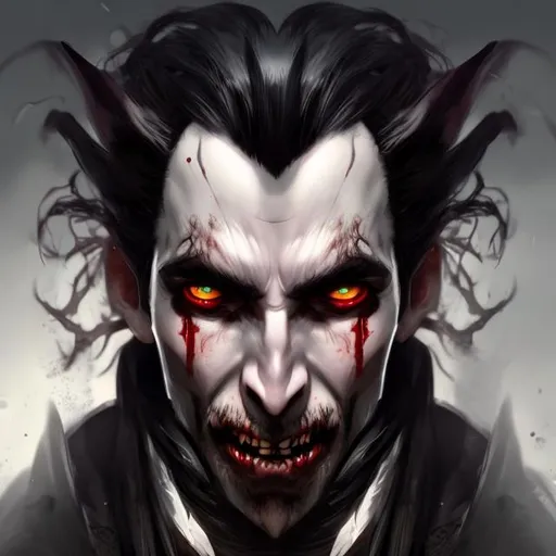 Prompt: full portrait of a dracula black hair and black deep eyes harsh gaunt skin, small shallow eyes, intricate colored hair, symmetrical, dark 
 red lighting, detailed , concept art, digital painting, looking into camera