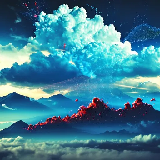 Prompt: Blue thunder, red particles, clouds, ocean and mountains
