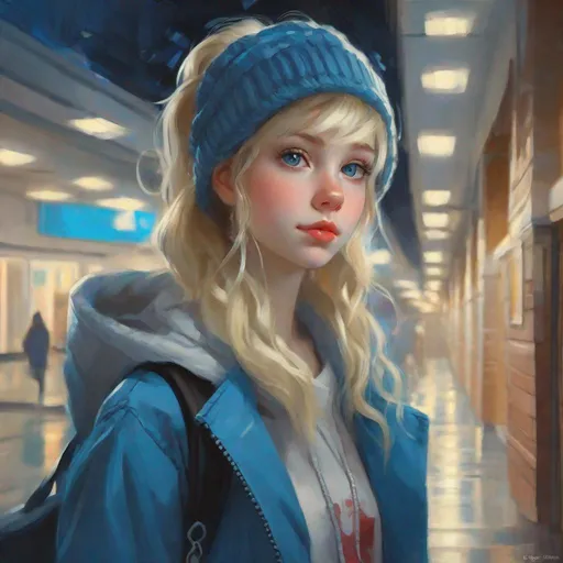Prompt: A 16 years old Russian-American girl, pale skin, freckles, blonde hair, pigtails, blue eyes, cold weather, night, hospital corridor, full body portrait, anime style, Persona 5, extremely detailed painting by Greg Rutkowski by Steve Henderson