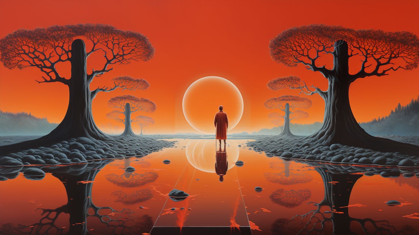 Prompt: The image depicts a surreal scene with a radiant blue-faced figure crowned by three buns, standing against a vibrant backdrop of an orange sky with cascading light beams. Below, a reflective watery surface mirrors the figure, surrounded by floating crimson islands and a solitary silhouette observing the ethereal display.