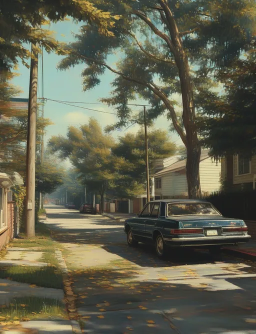 Prompt: Car parked on a street, dreamy atmosphere, juxtaposition of urban and nature, trees swaying in the background, ethereal lighting casting soft shadows, surreal dreamcore style, reminiscent of an American scene painting, rich color palette with warm tones and hints of nostalgia, ultra-detailed, cinematic composition, capturing an entrancing blend of reality and imagination