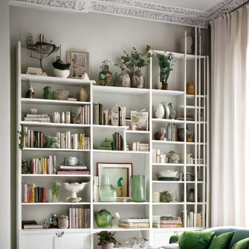 Prompt:  wall with shelves and curtains & flowers vases,books,showpieces  and lamps etc are placed on shelves .
the colour of wall should be off white and green