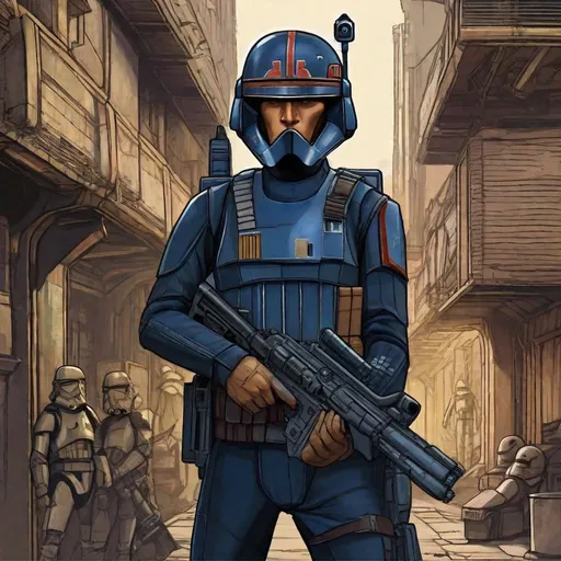 Prompt: Star wars rebel trooper. Dark blue armor uniform. He wears a clone helmet type II variation. very narrow t-shaped visor. In background a scifi alley. Rpg art. Star wars art. 2d art. 2d. Well draw face. Detailed. 