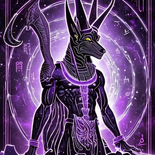 Prompt: God of the afterlife anubis standing in a cyberneon purple underwold afterlife duat setting with a lean muscular body and all the ornaments needed by the egyption God anubis. Souls bowing down to his nor in fear but in awe of his divine power. The night sky is dark yet neon purple and starry, there's a weighing machine weighing heart and a feather.